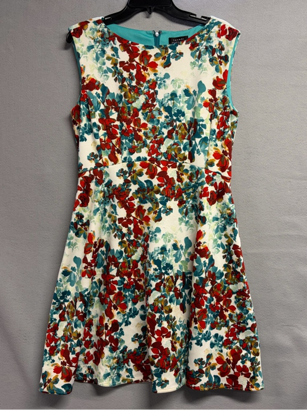 Tahari Floral Fit-and-Flare Dress in Ivory with Teal & Red Flowers Sz 10